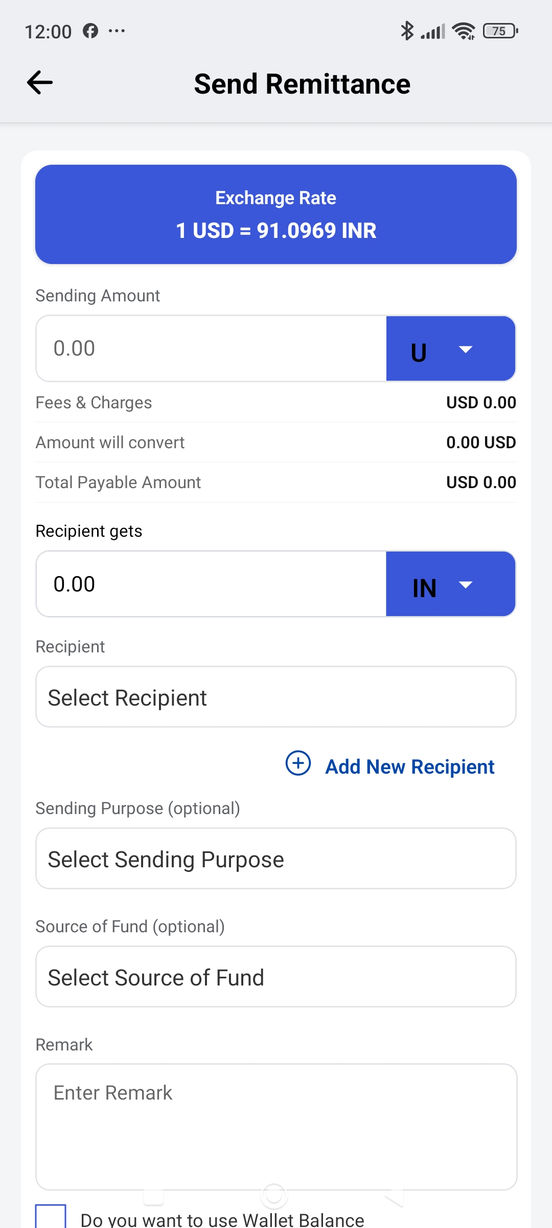 Remittance app screenshot